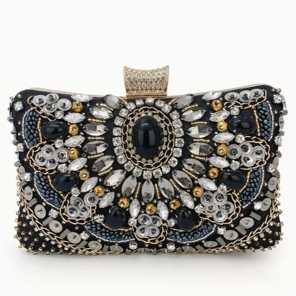 Beaded Rhinestone Evening Bag, Elegant Box Clutch Purse, Wedding Handbag #013.28 - Picture 4 of 9